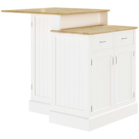 Kitchen Island with 2-Level Rubber Wood Tabletop, Island Table with Adjustable Shelves and Drawers, White