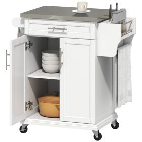 Rolling Kitchen Cart with Stainless Steel Countertop, Drawer, Towel Rack and Spice Rack, Utility Storage Trolley, White