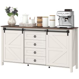 60" Buffet Cabinet, Farmhouse Sideboard with Sliding Barn Doors, Drawers and Adjustable Shelves, Distressed Cream White