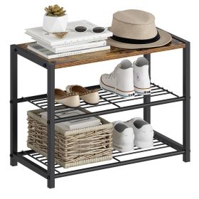 2-Shelf Shoe Rack Bench with Black Metal Frame and Brown Wood Top