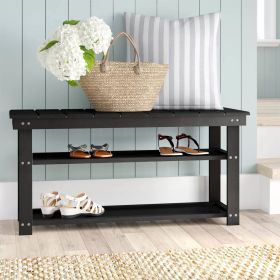 Black Wooden 2-Shelf Shoe Rack Storage Bench