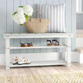 White Slatted Wood 2-Shelf Shoe Rack Storage Bench