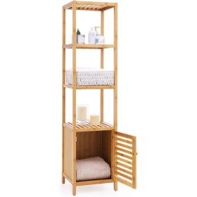 Slim 3-Shelf Bamboo Wood Shelving Unit with Bottom Storage Cabinet