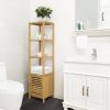 Slim 3-Shelf Bamboo Wood Shelving Unit with Bottom Storage Cabinet
