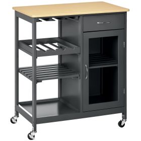 Rolling Kitchen Island with Storage, Kitchen Cart with 4-bottle Wine Rack, Bar Cart with Stemware Holder, Shelves, Drawer and Cabinet, Gray