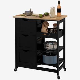 Rolling Kitchen Island with Wood Top, Shelves & Drawers for Dining Area, Black