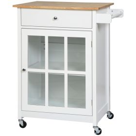 27" Rolling Kitchen Island Cart with Drawer and Glass Door Cabinet, Kitchen Trolley with Adjustable Shelf and Towel Rack, White