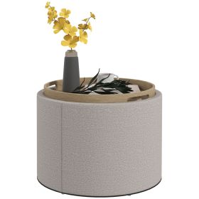 HOMCOM Linen Fabric Round Storage Ottoman Coffee Table with Flip-Top Tray Hidden Storage Space Elegant Footstool Gray