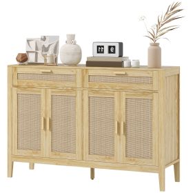 HOMCOM Kitchen Sideboard Cabinet with Decorative Rattan Doors and Drawers