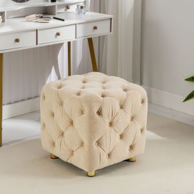 Beige Modern Velvet Upholstered Ottoman, Exquisite Small End Table, Soft Foot Stool,Dressing Makeup Chair, Comfortable Seat for Living Room, Bedr