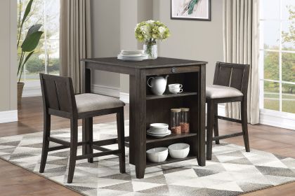 Dark Cherry Finish 3-piece Counter Height Table and 2 Counter Height Chairs with Display Shelf USB ports
