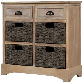 Rustic White Washed Cabinet with Two Drawers and Four Classic Rattan Storage Baskets