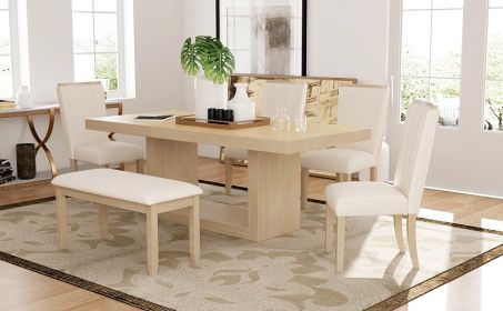 Contemporary 6-Piece 78inch Extendable Dining Table Set with Removable Leaf with Dining Bench, 4 Upholstered Dining Chairs