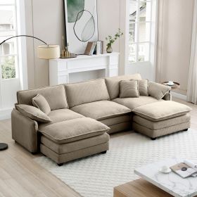 Oversized modular cushioned sofa with conversible ottoman, 3-seater sofa with 2 footstools, U shape sofa in Camel corduroy fabric