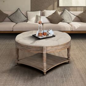 Large Round Ottoman Coffee Table 2 Tier Oversized Button Tufted Ottoman with Wooden Shelf Storage Farmhouse Upholstered Coffee Table Living Room