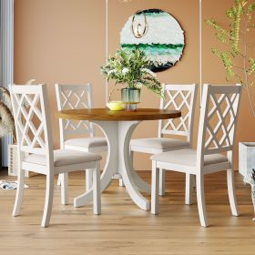 Mid-Century Solid Wood 5-Piece Round Dining Table Set; with Upholstered Chairs