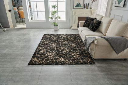 Luxury Machine Washable Black Abstract Gold-Gilded Chinchilla Faux Fur Area Rug