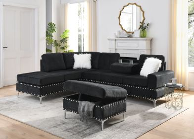 Sectional 3-Seaters Sofa with Reversible Chaise, Storage Ottoman and Cup Holders, Metal Legs and Copper Nails,Two White Villose Pillows