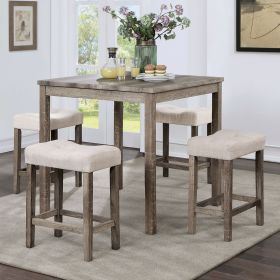5pc Counter Height Gray Dining Set and 4 Stools with Linen-like Beige Cushions