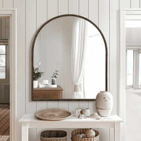 36"*32"Iron right-angled arched antique bronze wall mirror Decorative Bathroom Mirror with Elegant Scalloped Design (Double sided)