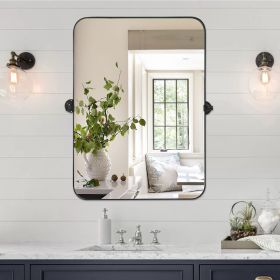 31"*23"Iron rounded rectangular black rotating hardware wall mirror Decorative Bathroom Mirror with Elegant Scalloped Design(Double sided)