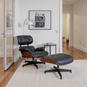 Black Leather Chair and Curved Wood Base with Footrest