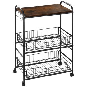 3 Tier Rolling Kitchen Island Cart with Storage and Side Hooks, Rustic Brown