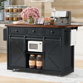 K&K 53.7  Farmhouse Kitchen Island With Power Outlet, 2 Sliding Barn Door Kitchen Storage Island With Drop Leaf, Spice Rack Rolling Kitchen Cart (Option: Black)