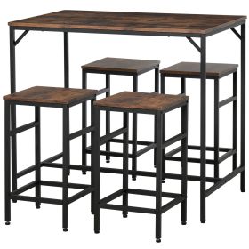 5-Piece Industrial Dining Table Set, Bar Table & 4 Stools Set, Space Saving for Pub & Kitchen, Rustic Brown/Black (Option: Rustic Brown-1130x690x175 mm)
