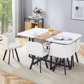 Modern Minimalist Style MDF Marble Pattern Joinery Dining Table With PU Leather Dining Chairs Six Piece Set, Suitable For Modern Minimalist, Nord (Option: Black Brown White)