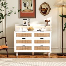 6-Drawer Rattan Storage Cabinet With LED & Power Outlet (Color: White)