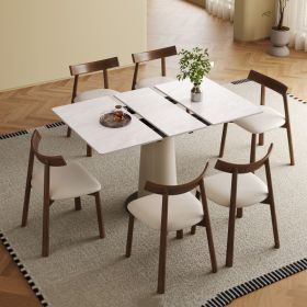 Retractable Rock Slab Dining Table Set  Modern 7-Piece Expandable Table With 6 Wooden Leg Chairs & Leather-Wrapped Base  Space Saving Kitchen Set (Option: White)