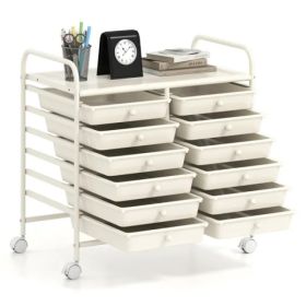 12-Drawer Rolling Storage Cart - 2-Row 10-Storey, Multicolor Drawers, 4 Wheels (2 Brake), White Frame-White (Option: defaulttitle)