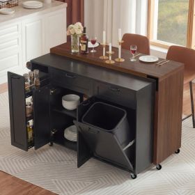 K&K 102.3  Kitchen Island With Extendable Dining Table, Kitchen Rolling Island Cart With Trash Storage Cabinet, 3 Tier Pull Out Spice Rack, Mobil (Option: Black)