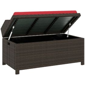 Outdoor Wicker Storage Bench With Storage & Cushion, Red (Option: Red)