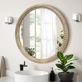 Round Decorative Wall Mirror, 31.50  Distressed Wood Beaded Frame Mirror For Entryway, Living Room, Bathroom, Farmhouse Style Accent Mirror (Option: Natural Wood)