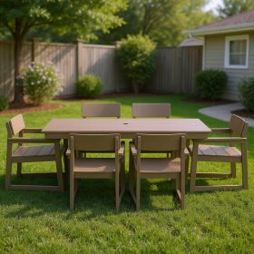 7-Piece HDPE Outdoor Dining Set For 6 - Weather-Resistant Patio Table With Umbrella Hole And 6  Armrest Chairs, Durable Garden Furniture For Back (Option: Ancient Oak)