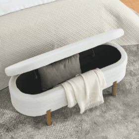 Oval Storage Bench with Rubber Wood Leg s 46x17.7x10.8 (Color: Beige)