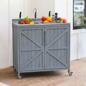 K&K 39.4  Outdoor Kitchen Island With Sink, Outdoor Kitchen Sink Station W  304 Stainless Steel Sink, Hose Hook Up & Faucet, Outdoor Kitchen Cabi (Option: Grey Blue)