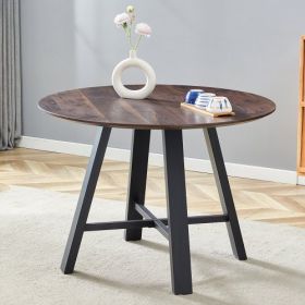 Modern Minimalist Round 42 Inch Diameter Table  with Deep Wood Grain Top and Black Metal Legs (Option: Wood)