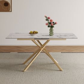 59-inch Modern Rectangle Expandable Dining Table With Retractable Leaf  Sintered Stone Top & Golden Carbon Steel X-Base  Sturdy 4-6 Person Table (Option: Gold Creamy White)