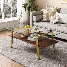 Rectangle Coffee Table, Tempered Glass Tabletop With Gold Metal Legs, Modern Table For Living Room , Transparent Glass (Option: Transparent)