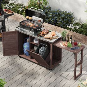 K&K 78.3  Outdoor Kitchen Island With Foldable Grill Table, Wooden Outdoor Grill Cart With Trash Can Storage & Stainless Steel Top, Outdoor Bar C (Option: Dark Brown)