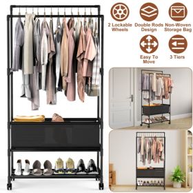 3 Tiered Portable Clothing Rack For Bedroom Entryway Double Hanging Rods Sturdy Iron Garment Rack With Double Height Rods Adjustable Storage Bag (Option: defaulttitle)