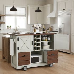 K&K 54  Farmhouse Kitchen Island With Drop Leaf, Power Outlet, Kitchen Storage Cart With 2 Doors, 2 Drawers, Rolling Kitchen Island On 4 Large Wh (Option: White)