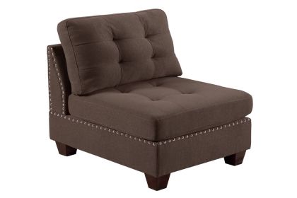 Tufted Armless Chair in Black Coffee Linen Like Fabric with Nail Heads and Wooden Legs (Color: Brown)