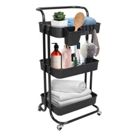 3 Tier Rolling Utility Cart Movable Storage Organizer With Mesh Baskets Lockable Wheels 360 Degree Rotatable Hanging Box Hooks Bedroom Bathroom K (Option: Black)