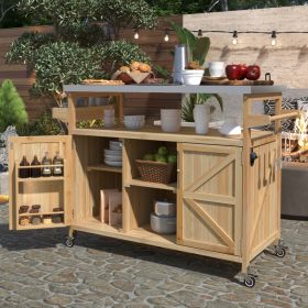 K&K Outdoor Kitchen Island, Rolling Bar Cart & Storage Cabinet, Farmhouse Solid Wood Outdoor Grill Table With Stainless Steel Top, Spice Rack , T (Option: Natural)