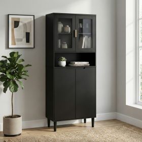 Tempered Glass Door Tall Storage Bookcase With Adjustable Board, 4 Doors MDF Painting Finished Cabinet Storage (Option: Black)