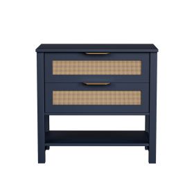 Rattan Nightstand With 2 Drawers And Storage Shelf Boho Bedside Narrow Side Table For Bedroom (Option: Navy blue)